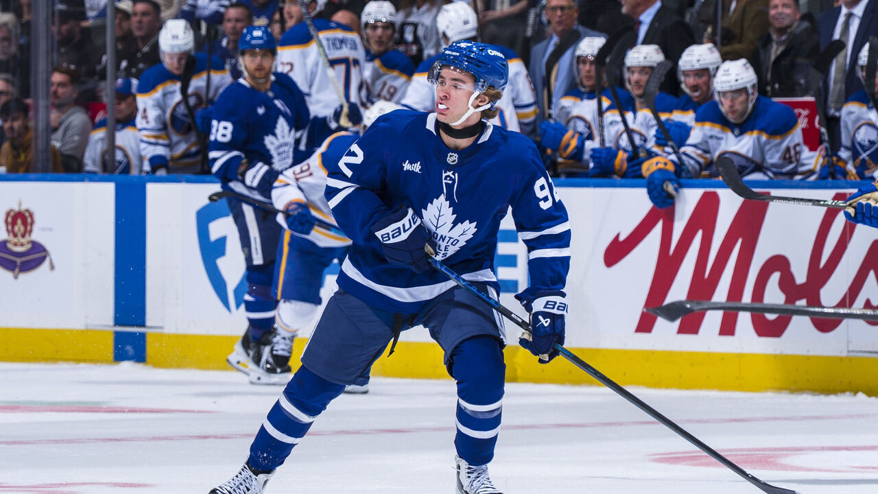 TORONTO, CANADA - OCTOBER 15: Gavin McKenna #92 of the Toronto Maple Leafs skates against the Buffalo Sabres during the second period in their NHL game at Scotiabank Arena on October 15, 2026 in Toronto, Canada.
