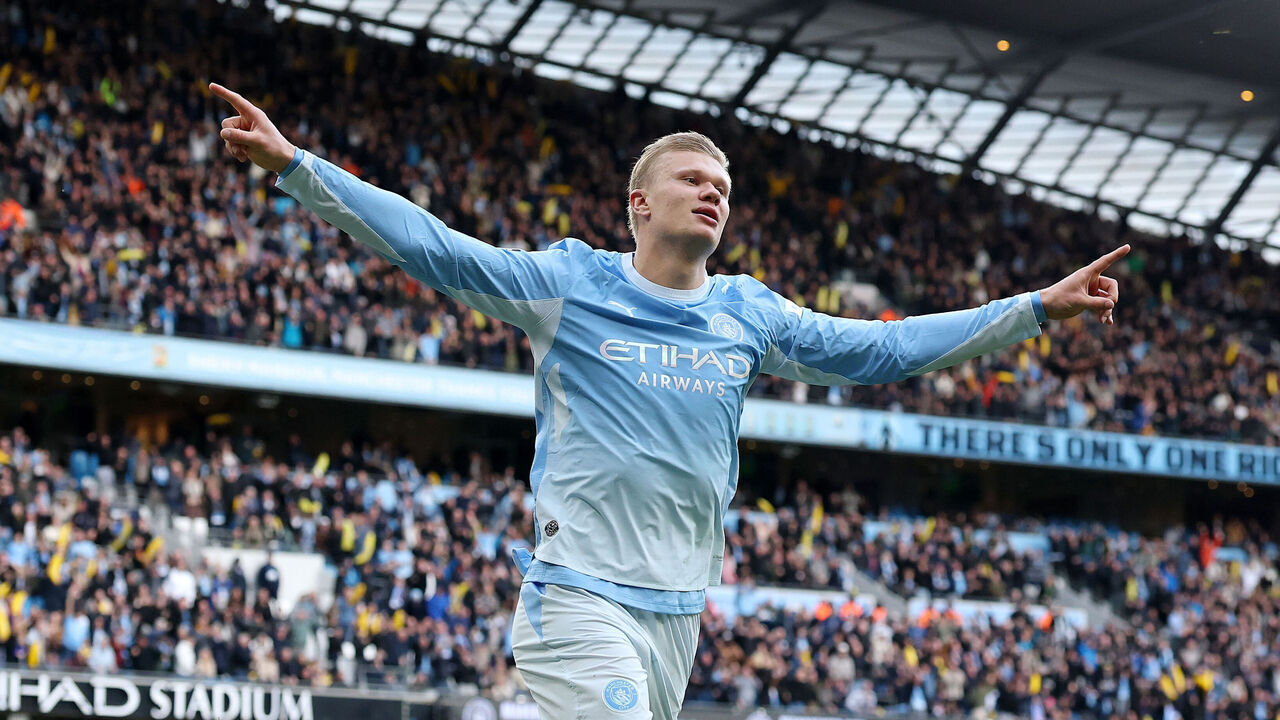 MANCHESTER, ENGLAND - OCTOBER 17: Erling Haaland of Manchester City celebrates scoring his team’s third goal during the Premier League 2026/27 match between Manchester City and Ipswich Town at Etihad Stadium on October 17, 2026 in Manchester, England.