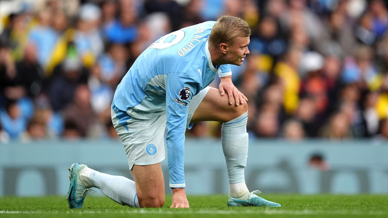 Manchester City's Erling Haaland reacts to an injury during the Premier League match at the Etihad Stadium, Manchester. Picture date: Saturday October 17, 2026.