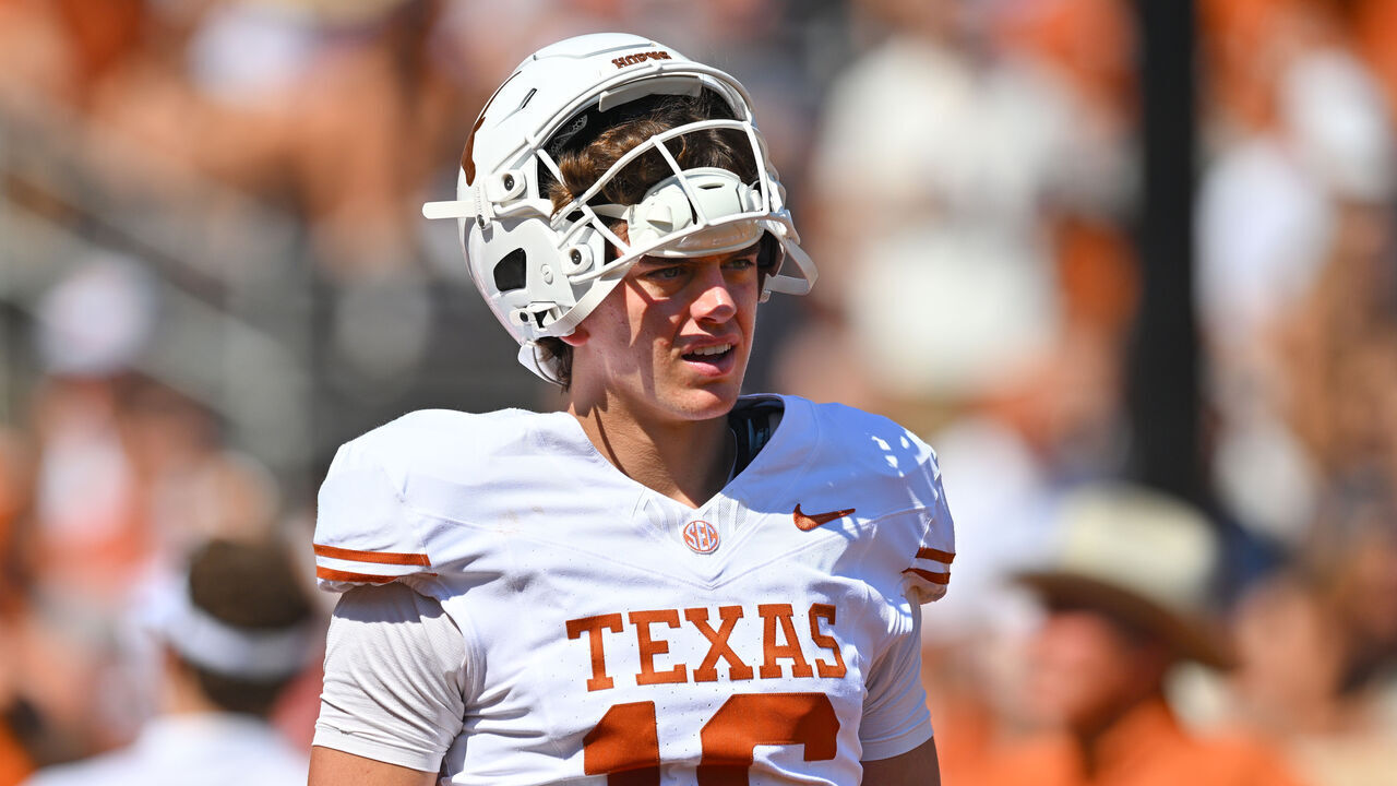 DALLAS, TX - OCTOBER 10: Texas Longhorns quarterback Arch Manning (16) looks on during the Allstate Red River Rivalry between the Texas Longhorns and Oklahoma Sooners on October 10, 2026, at Cotton Bowl Stadium in Dallas, TX.