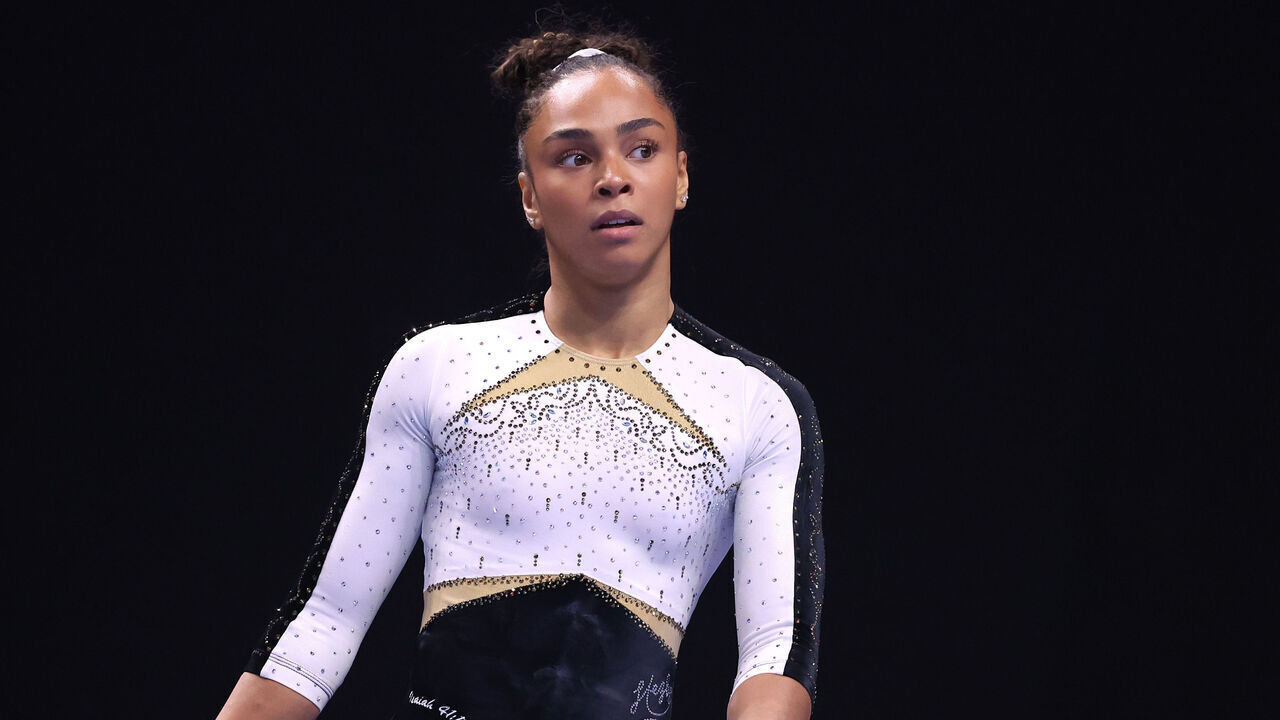 PHOENIX, ARIZONA - AUGUST 09: Hezly Rivera after competing on the balance beam during the 2026 Xfinity U.S. Gymnastics Championships at Mortgage Matchup Center on August 09, 2026 in Phoenix, Arizona.