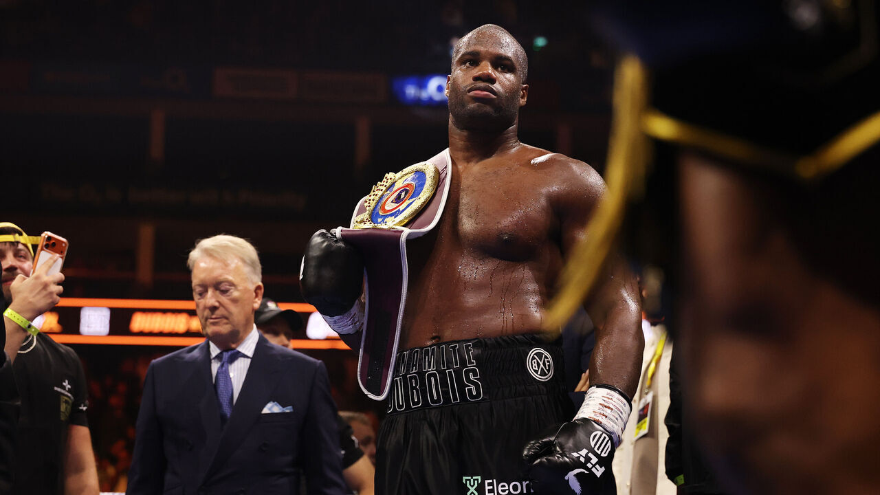 LONDON, ENGLAND - OCTOBER 17: Daniel Dubois looks on with the title belt after victory over Fabio Wardley in their WBO World Heavyweight title fight on the Daniel Dubois v Fabio Wardley 2: Run It Back fight card at The O2 Arena on October 17, 2026 in London, England.