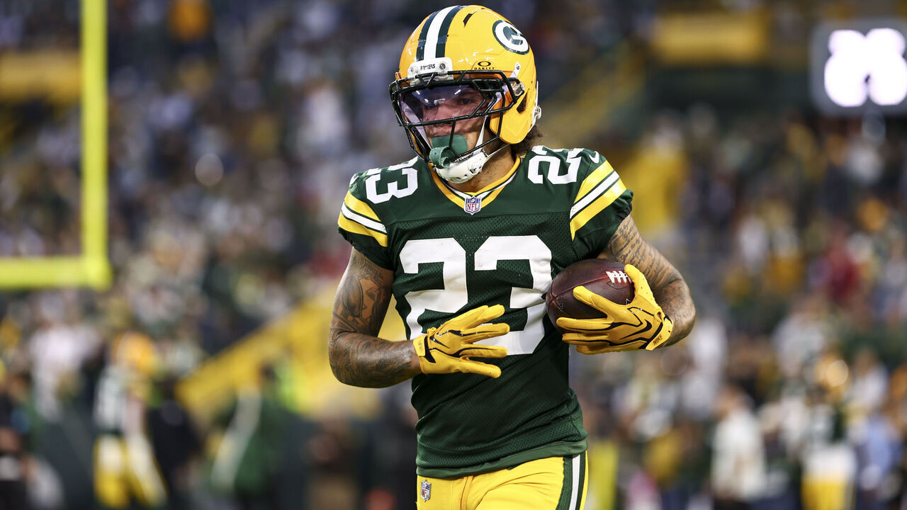 GREEN BAY, WISCONSIN - SEPTEMBER 24: Skyy Moore #23 of the Green Bay Packers warms up prior to an NFL football game against the Atlanta Falcons at Lambeau Field on September 24, 2026 in Green Bay, Wisconsin.