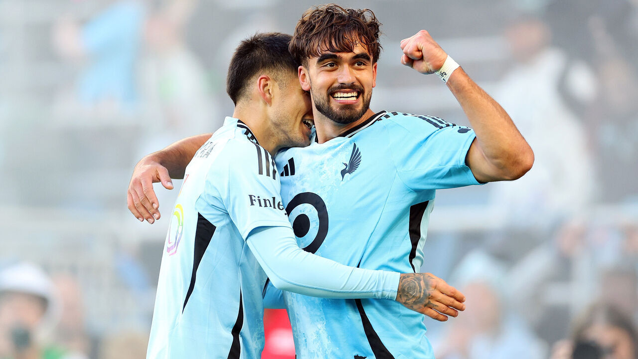 ST PAUL, MINNESOTA - OCTOBER 17: Marcus Caldeira #22 celebrates scoring his team's go-ahead goal against St. Louis CITY SC with teammate Joaquin Pereyra #26 in the second half at Allianz Field on October 17, 2026 in St Paul, Minnesota. Minnesota defeated St. Louis 3-2.