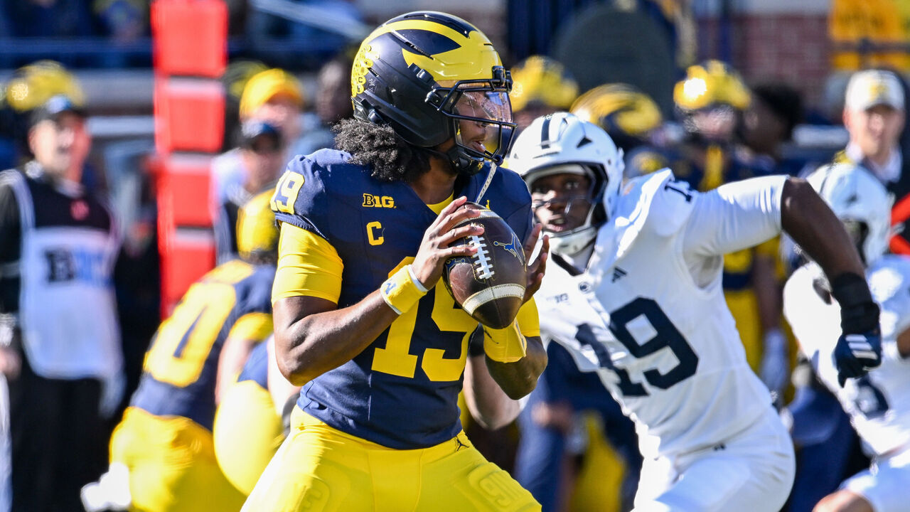 ANN ARBOR, MICHIGAN - OCTOBER 17: Bryce Underwood #19 of the Michigan Wolverines looks to throw the ball downfield during the first half of a college football game against the Penn State Nittany Lions at Michigan Stadium on October 17, 2026 in Ann Arbor, Michigan.