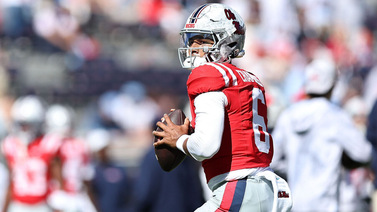 OXFORD, MISSISSIPPI - OCTOBER 17: Trinidad Chambliss #6 of the Mississippi Rebels warms up before the game against the Missouri Tigers at Vaught-Hemingway Stadium on October 17, 2026 in Oxford, Mississippi.