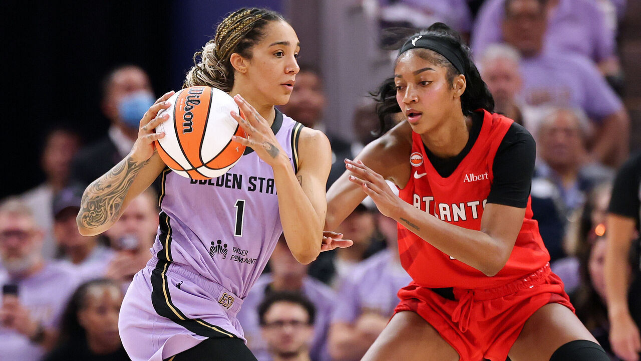 SAN FRANCISCO, CALIFORNIA - OCTOBER 17: Gabby Williams #1 of the Golden State Valkyries is defended by Angel Reese #5 of the Atlanta Dream during the second quarter in game one of the WNBA Finals at Chase Center on October 17, 2026 in San Francisco, California.