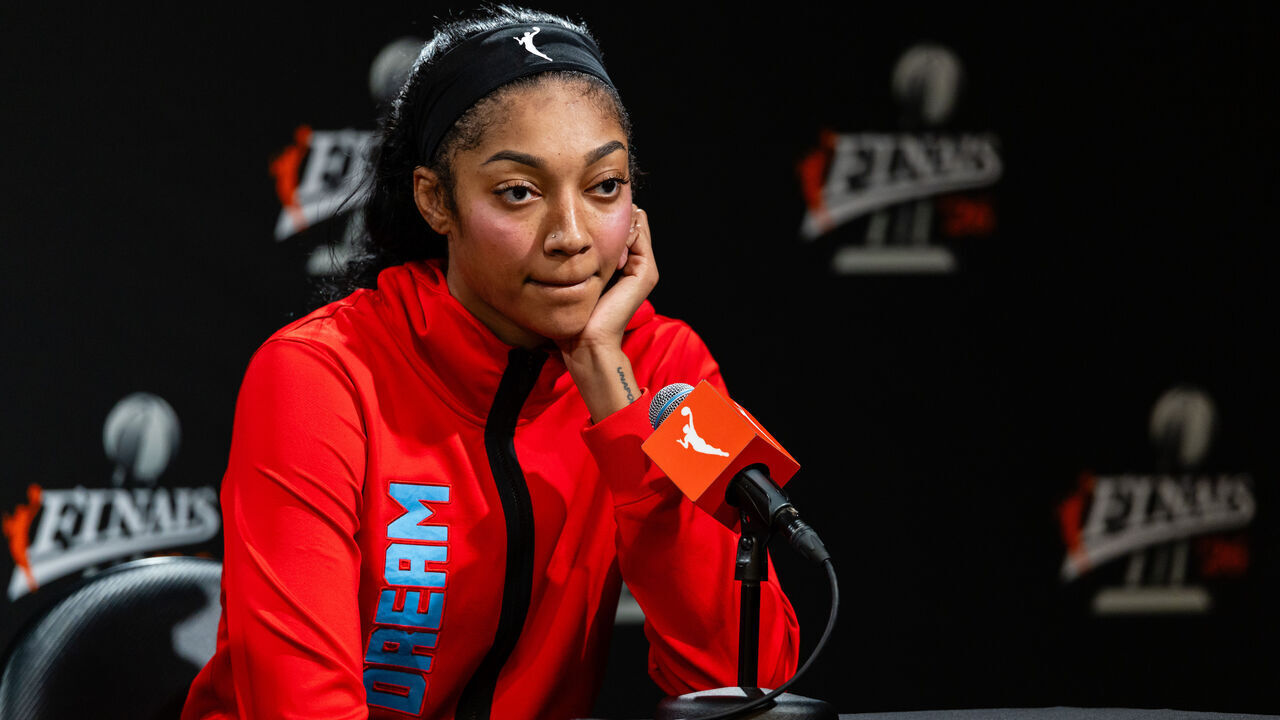 SAN FRANCISCO, CA - OCTOBER 17: Angel Reese #5 of the Atlanta Dream speaks with the media after a loss in Game One of the WNBA Playoff Finals against the Golden State Valkyries on October 17, 2026 at Chase Center in San Francisco, CA.
