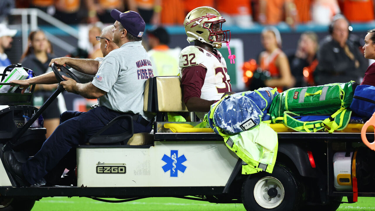 MIAMI GARDENS, FLORIDA - OCTOBER 17: Ousmane Kromah #32 of the Florida State Seminoles leaves the game with an injury during the second quarter against the Miami Hurricanes at Hard Rock Stadium on October 17, 2026 in Miami Gardens, Florida.