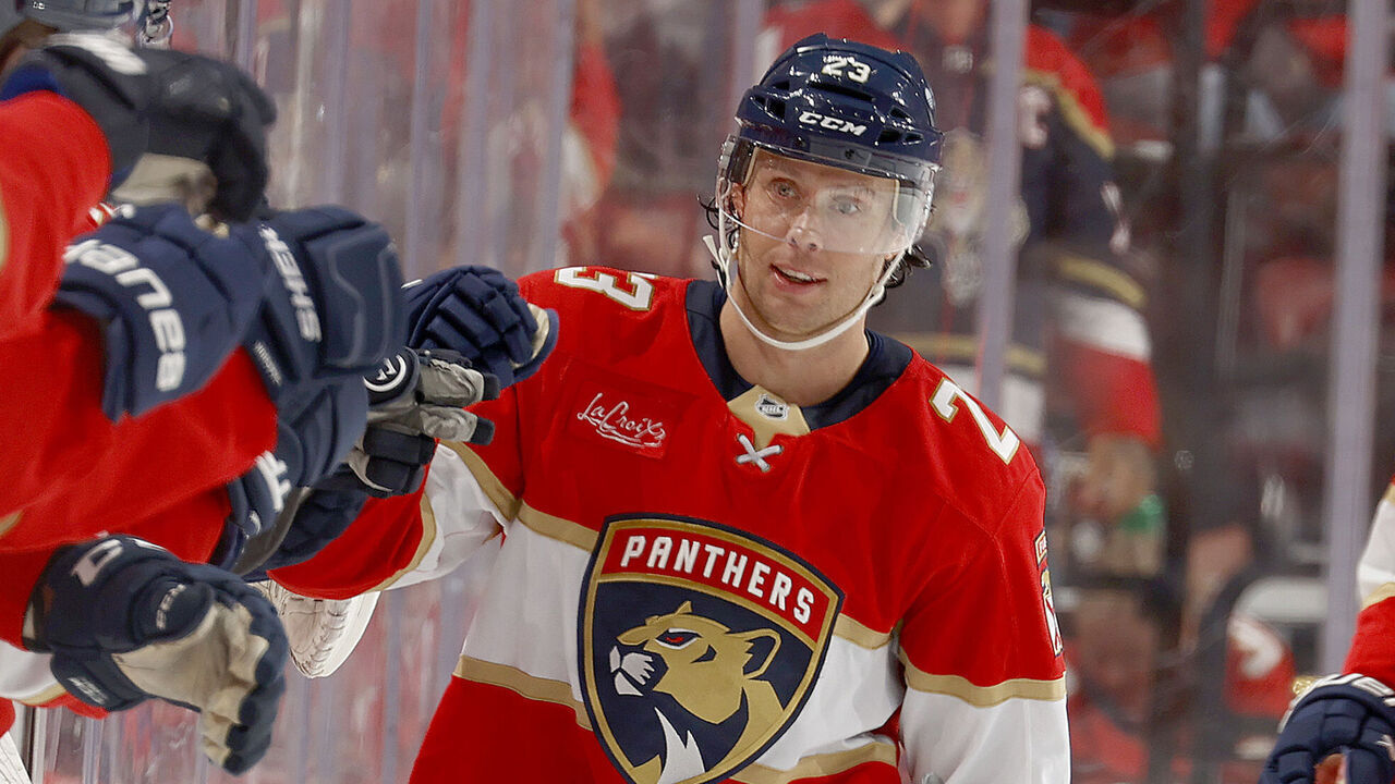 SUNRISE, FLORIDA - OCTOBER 17: Carter Verhaeghe #23 of the Florida Panthers celebrates his goal with teammates against the Seattle Kraken at the Amerant Bank Arena on October 17, 2026 in Sunrise, Florida.