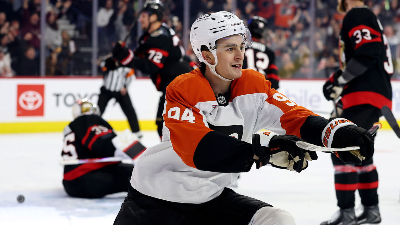 PHILADELPHIA, PENNSYLVANIA - OCTOBER 17: Porter Martone #94 of the Philadelphia Flyers celebrates his goal during the second period against the Ottawa Senators at Xfinity Mobile Arena on October 17, 2026 in Philadelphia, Pennsylvania.