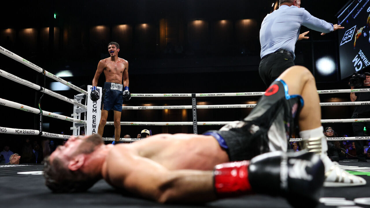 LAS VEGAS, NEVADA - OCTOBER 17: Sebastian Fundora knocks down Ermal Hadribeaj during their WBC Super Welterweight World Championship bout at The Chelsea at The Cosmopolitan of Las Vegas on October 17, 2026 in Las Vegas, Nevada.