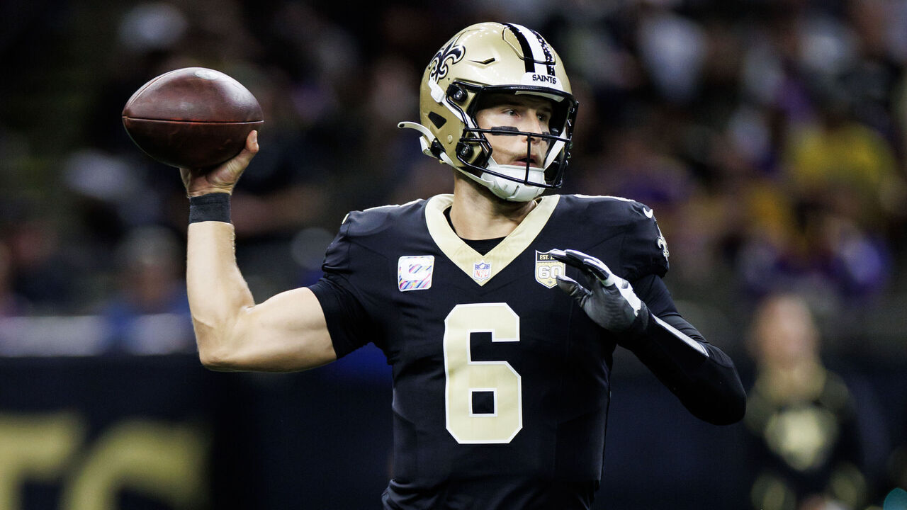 NEW ORLEANS, LOUISIANA - OCTOBER 11: Tyler Shough #6 of the New Orleans Saints looks to throw a pass during the second quarter of an NFL game against the Minnesota Vikings at Caesars Superdome on October 11, 2026 in New Orleans, Louisiana.
