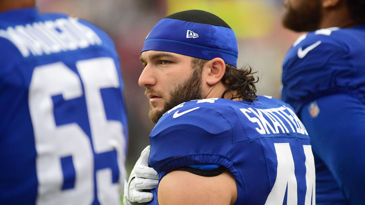 LANDOVER, MD - OCTOBER 11: Giants running back Cam Skattebo (44) stands for the national anthem during the New York Giants versus Washington Commanders National Football League game at Northwest Stadium on October 11, 2026 in Landover, MD.