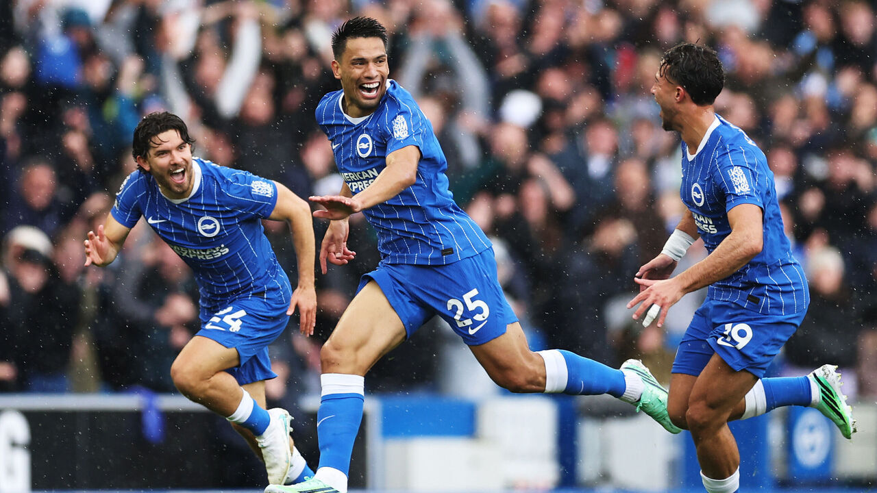 BRIGHTON, ENGLAND - OCTOBER 18: Diego Gomez of Brighton & Hove Albion celebrates scoring his team’s second goal with teammates during the Premier League 2026/27 match between Brighton & Hove Albion and Crystal Palace FC at American Express Stadium on October 18, 2026 in Brighton, England.