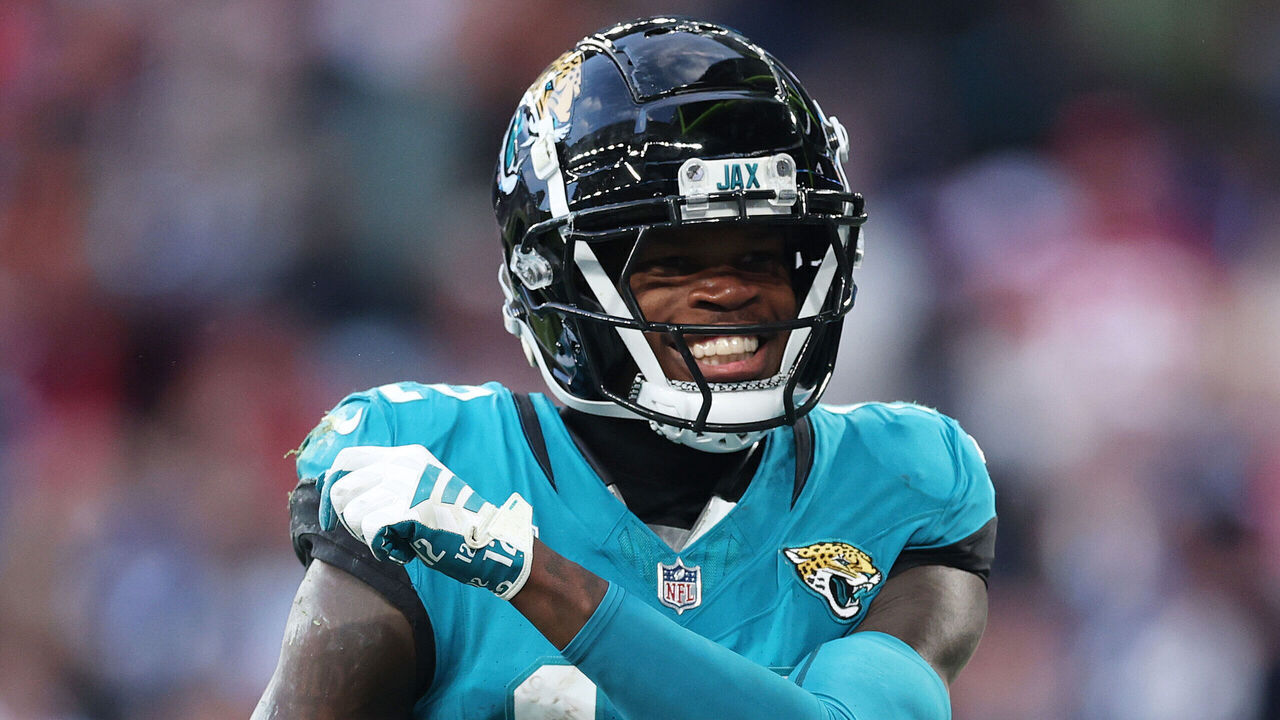 LONDON, ENGLAND - OCTOBER 18: Travis Hunter of the Jacksonville Jaguars reacts during the NFL London Series match between Houston Texans and Jacksonville Jaguars at Wembley Stadium on October 18, 2026 in London, England.