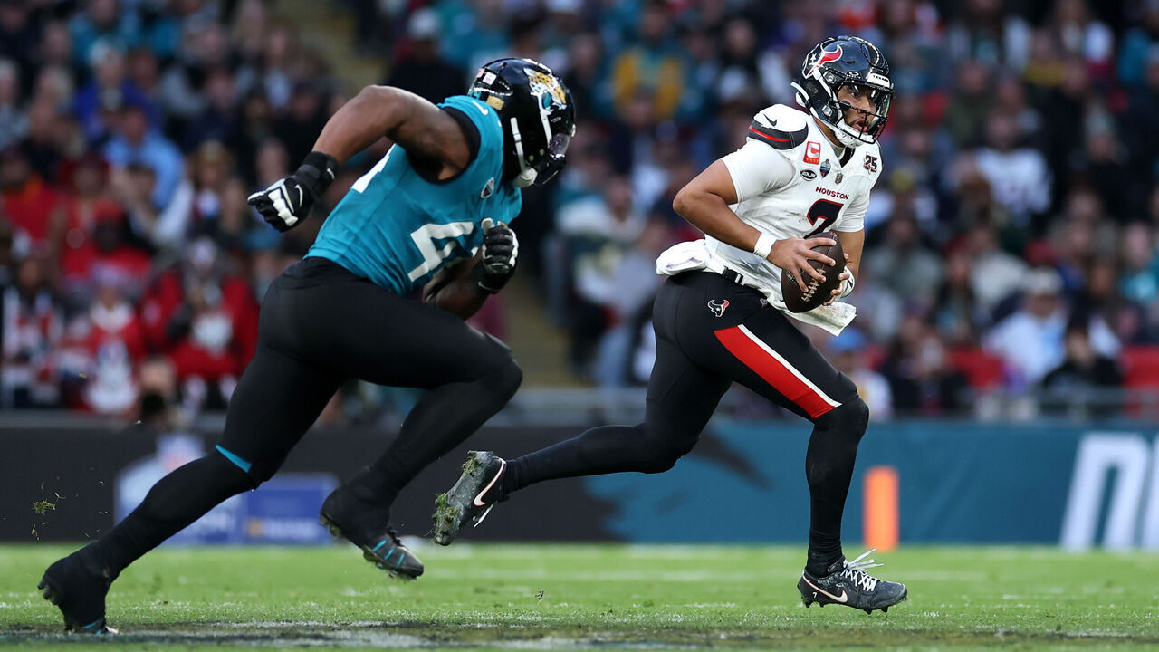 LONDON, ENGLAND - OCTOBER 18: C.J. Stroud of the Houston Texans runs with the ball during the NFL London Series match between Houston Texans and Jacksonville Jaguars at Wembley Stadium on October 18, 2026 in London, England.