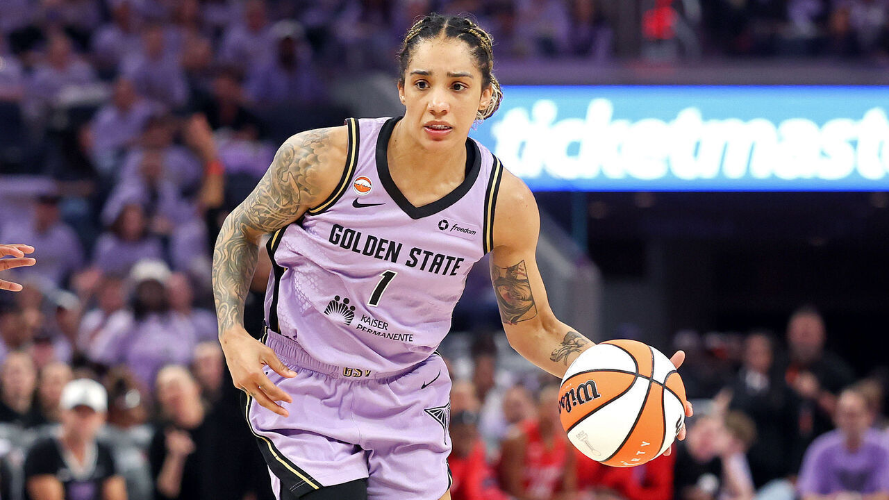 SAN FRANCISCO, CALIFORNIA - OCTOBER 17: Gabby Williams #1 of the Golden State Valkyries is defended by Rhyne Howard #10 of the Atlanta Dream during the third quarter in game one of the WNBA Finals at Chase Center on October 17, 2026 in San Francisco, California.