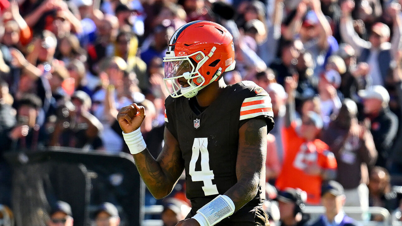 CLEVELAND, OHIO - OCTOBER 18: Deshaun Watson #4 of the Cleveland Browns celebrates a touchdown against the Baltimore Ravens during the fourth quarter of the game at Huntington Bank Field on October 18, 2026 in Cleveland, Ohio.