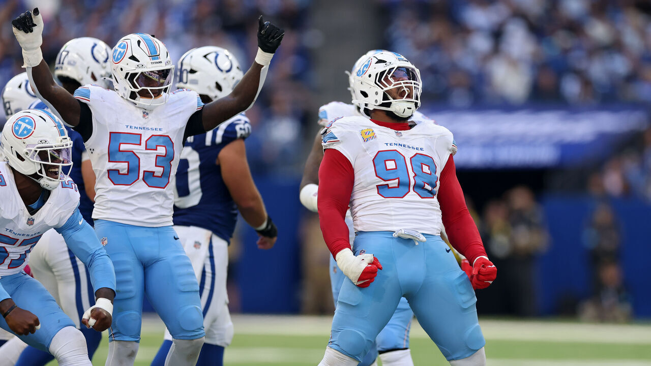 INDIANAPOLIS, INDIANA - OCTOBER 18: Jeffery Simmons #98 of the Tennessee Titans celebrates after sacking Daniel Jones #17 of the Indianapolis Colts during the fourth quarter of the game at Lucas Oil Stadium on October 18, 2026 in Indianapolis, Indiana.