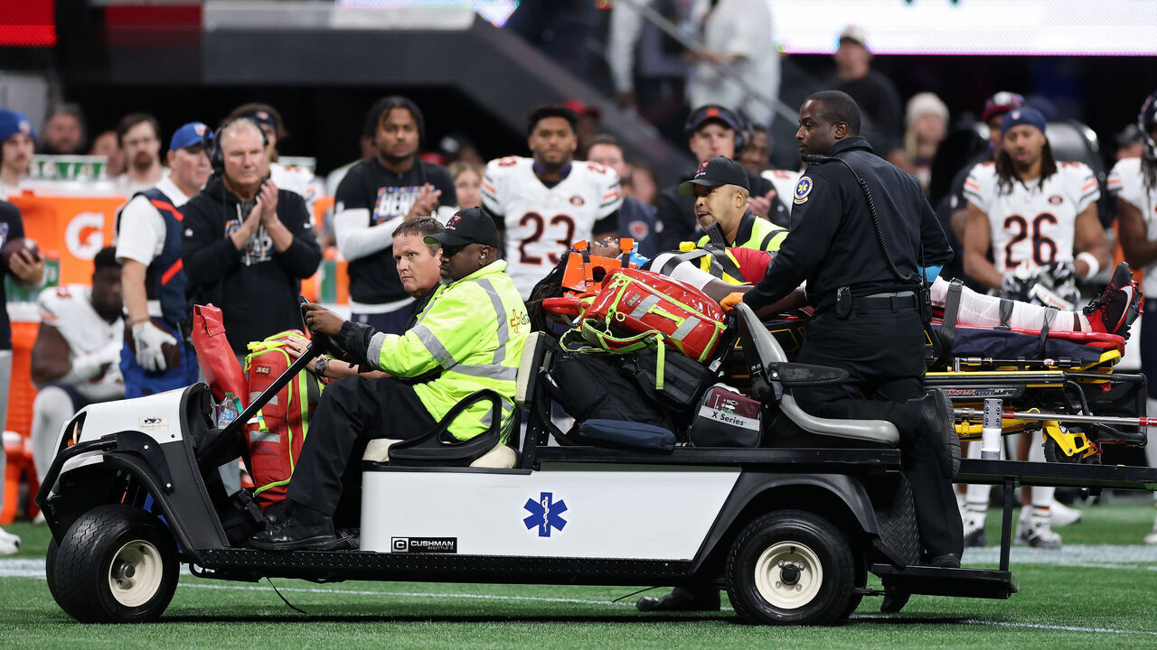 ATLANTA, GEORGIA - OCTOBER 18: Kendal Daniels #53 of the Atlanta Falcons is carted off the field after a play against the Chicago Bears during the third quarter of the game at Mercedes-Benz Stadium on October 18, 2026 in Atlanta, Georgia.