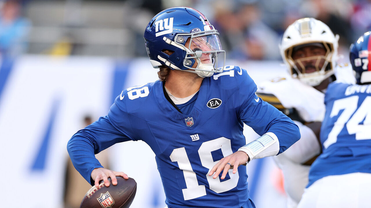 EAST RUTHERFORD, NEW JERSEY - OCTOBER 18: J.J. McCarthy #18 of the New York Giants passes the ball against the New Orleans Saints during the fourth quarter at MetLife Stadium on October 18, 2026 in East Rutherford, New Jersey.