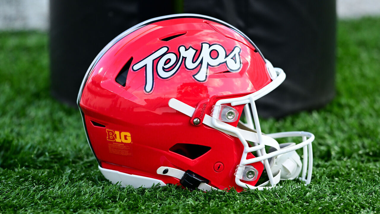 COLLEGE PARK, MARYLAND - NOVEMBER 22, 2025: A closeup view of a Maryland Terrapins helmet prior to a game against the Michigan Wolverines at SECU Stadium on November 22, 2025 in College Park, Maryland.