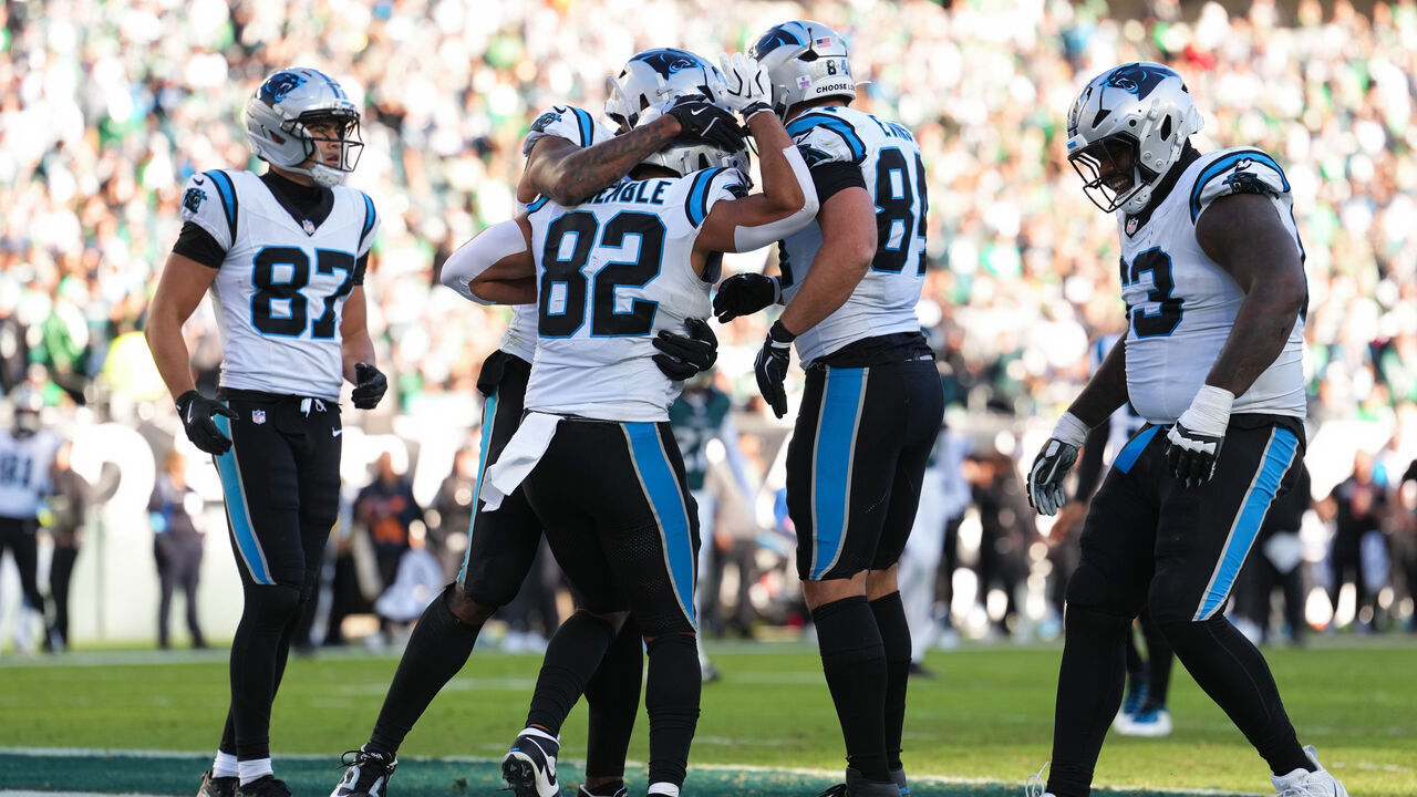 PHILADELPHIA, PA - OCTOBER 18: Carolina Panthers tight end Tommy Tremble (82) celebrates with teammates after scoring a touchdown in the second half during the game between the Carolina Panthers and Philadelphia Eagles on October 18, 2026 at Lincoln Financial Field in Philadelphia, PA.