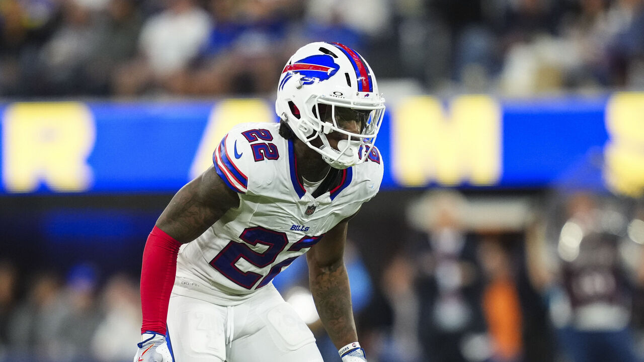 INGLEWOOD, CA - OCTOBER 12: C.J. Gardner-Johnson #22 of the Buffalo Bills lines up before the snap during an NFL football game against the Los Angeles Rams at SoFi Stadium on October 12, 2026 in Inglewood, California.