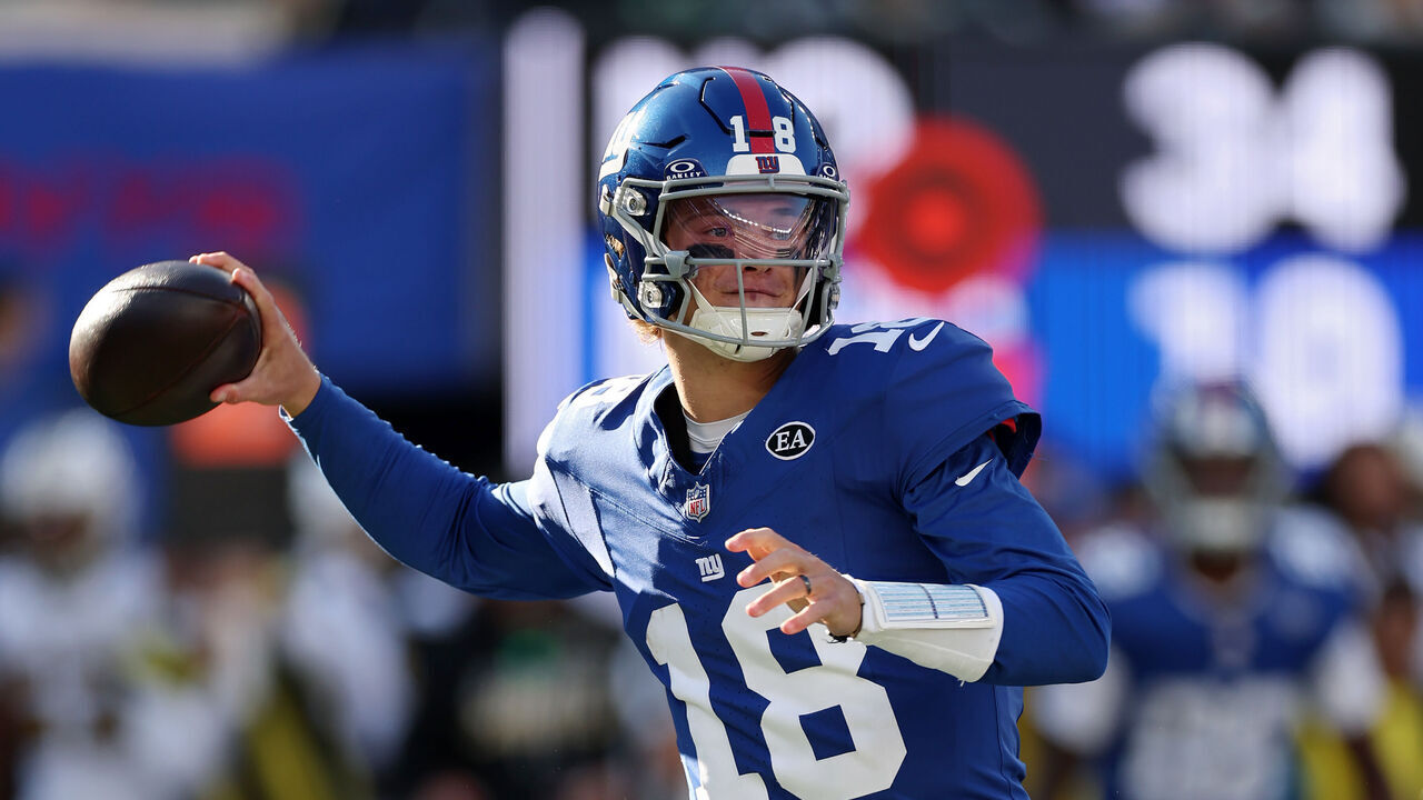 EAST RUTHERFORD, NEW JERSEY - OCTOBER 18: J.J. McCarthy #18 of the New York Giants passes the ball against the New Orleans Saints during the fourth quarter at MetLife Stadium on October 18, 2026 in East Rutherford, New Jersey.