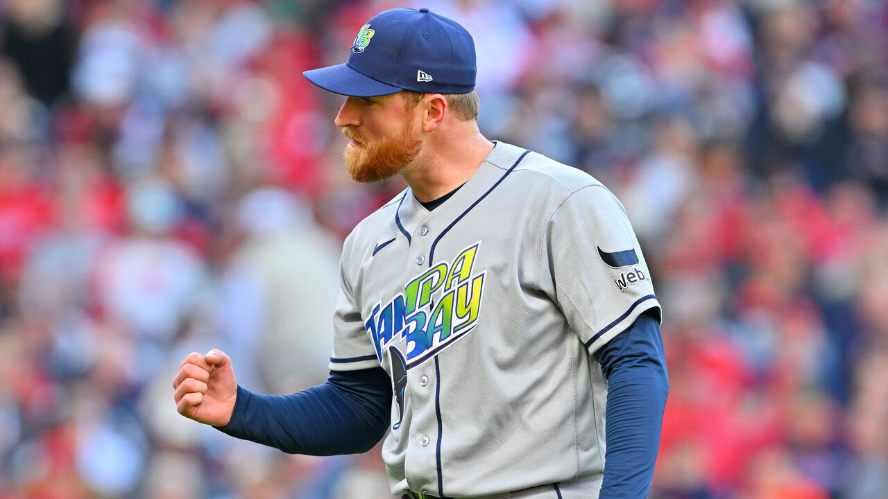 CLEVELAND, OHIO - OCTOBER 18: PitcherDrew Rasmussen #57 of the Tampa Bay Rays celebrates at the end of the first inning against the Cleveland Guardians in game five of the American League Championship Series at Progressive Field on October 18, 2026 in Cleveland, Ohio.