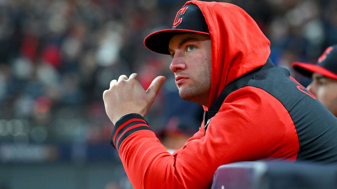 CLEVELAND, OHIO - OCTOBER 17: Gavin Williams #32 of the Cleveland Guardians looks on from the dugout during the seventh inning against the Tampa Bay Rays in game four of the American League Championship Series at Progressive Field on October 17, 2026 in Cleveland, Ohio.