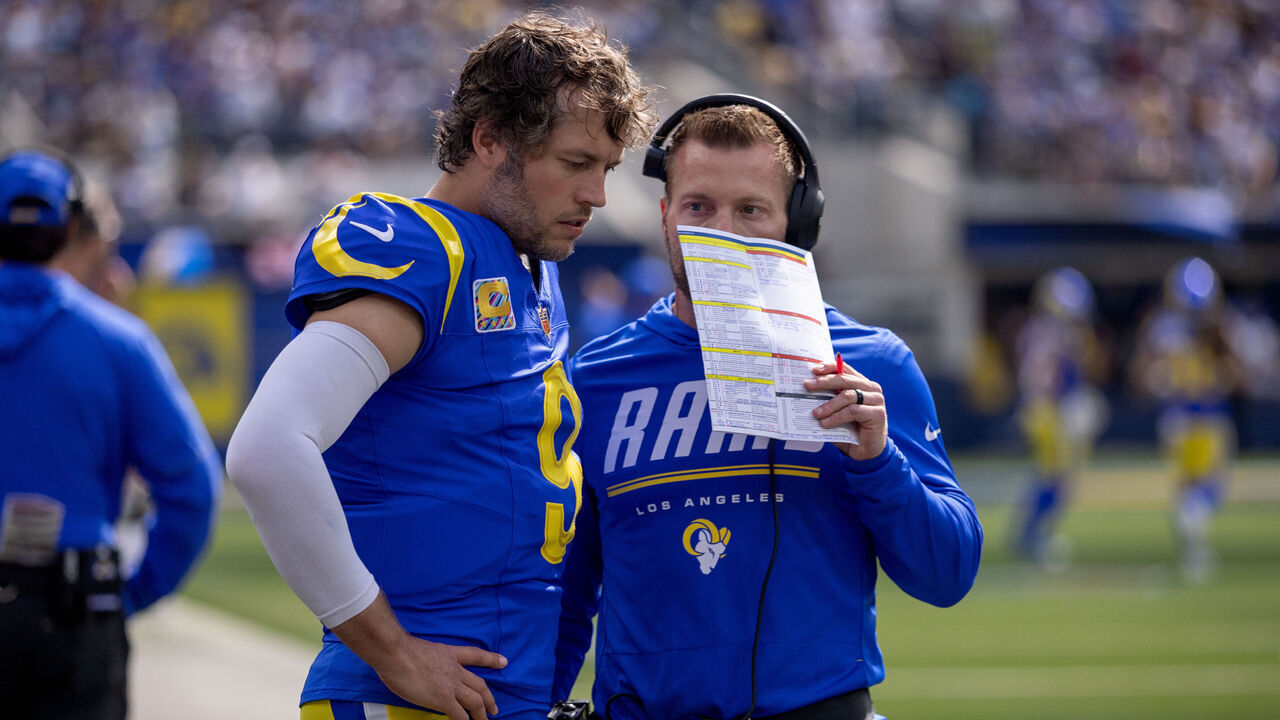Inglewood, CA - October 18: Los Angeles Rams quarterback Matthew Stafford (9) and head coach Sean McVay talk on the sideline before an NFL football game against the Arizona Cardinals at Sofi Stadium on Sunday, Oct. 18, 2026 in Inglewood, CA. (Eric Thayer / Los Angeles Times via Getty Images)