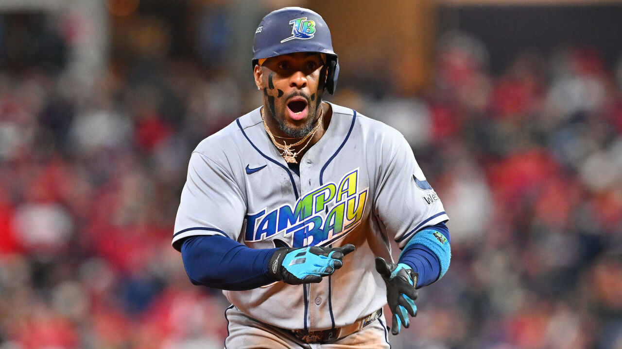 CLEVELAND, OHIO - OCTOBER 17: Yandy Díaz #2 of the Tampa Bay Rays celebrates after hitting a two run Home Run during the ninth inning against the Cleveland Guardians in game four of the American League Championship Series at Progressive Field on October 17, 2026 in Cleveland, Ohio.
