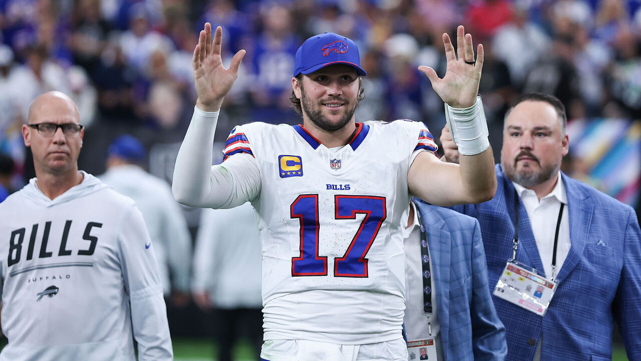 LAS VEGAS, NEVADA - OCTOBER 18: Josh Allen #17 of the Buffalo Bills celebrates after his team's 33-30 win against the Las Vegas Raiders at Allegiant Stadium on October 18, 2026 in Las Vegas, Nevada.