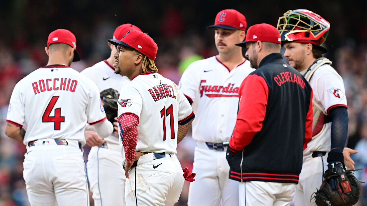 CLEVELAND, OHIO - OCTOBER 18: Jose Ramirez #11 of the Cleveland Guardians looks on during a pitching change during the fourth inning against the Tampa Bay Rays in game five of the American League Championship Series at Progressive Field on October 18, 2026 in Cleveland, Ohio.