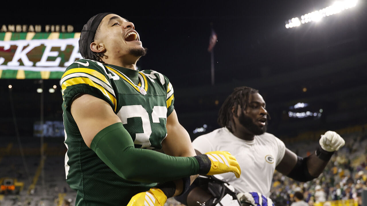 GREEN BAY, WISCONSIN - OCTOBER 18: Evan Williams #33 of the Green Bay Packers reacts after defeating the Dallas Cowboys at Lambeau Field on October 18, 2026 in Green Bay, Wisconsin.