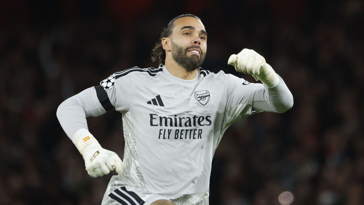 LONDON, ENGLAND - OCTOBER 13: Goalkeeper of Arsenal David Raya #1 celebrates a goal for his team during the UEFA Champions League 2026/27 League Phase MD2 football match between Arsenal FC and Lille OSC (LOSC) at Arsenal Stadium on October 13, 2026 in London, England.
