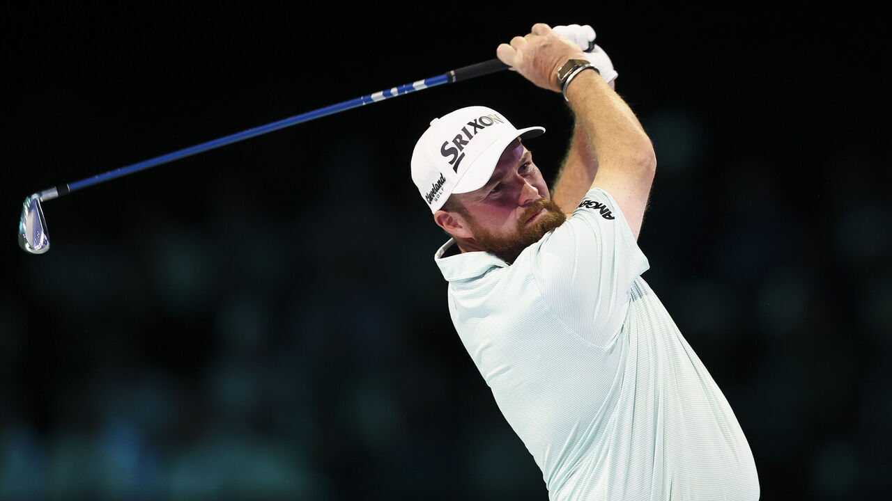 PALM BEACH GARDENS, FLORIDA - FEBRUARY 24: Shane Lowry of The Bay Golf Club plays a shot on the second hole during a match against New York Golf Club at SoFi Center on February 24, 2026 in Palm Beach Gardens, Florida.