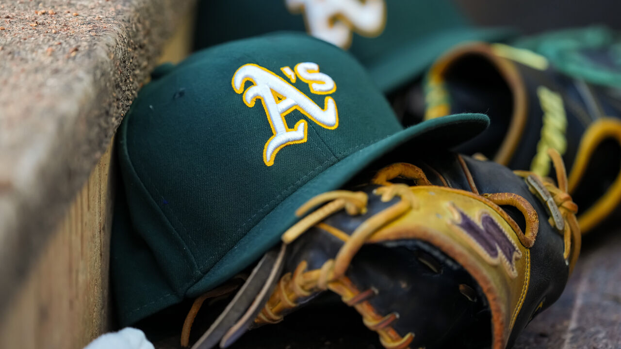 MINNEAPOLIS, MN - AUGUST 19: A detail view of an Athletics hat against the Minnesota Twins on August 19, 2025 at Target Field in Minneapolis, Minnesota.