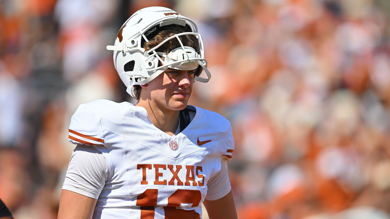 DALLAS, TX - OCTOBER 10: Texas Longhorns quarterback Arch Manning (16) looks on during the Allstate Red River Rivalry between the Texas Longhorns and Oklahoma Sooners on October 10, 2026, at Cotton Bowl Stadium in Dallas, TX.