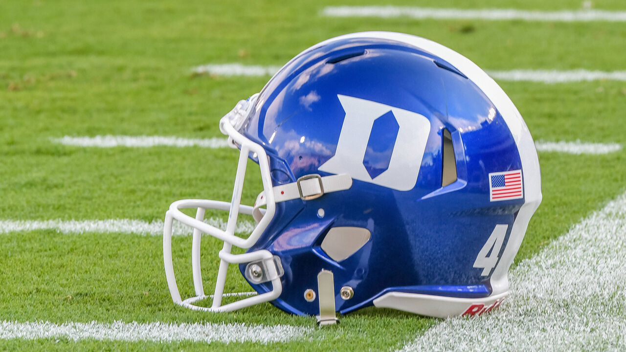 DURHAM, NC - SEPTEMBER 02: Pre-game activities with Duke Blue Devil helmet on field during a college football game between the North Carolina Central Eagles and the Duke Blue Devils on September 2, 2017 at Wallace Wade Stadium in Durham, NC.