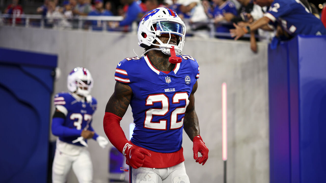 ORCHARD PARK, NEW YORK - SEPTEMBER 17: C.J. Gardner-Johnson #22 of the Buffalo Bills runs onto the field prior to an NFL football game against the Detroit Lions at Highmark Stadium on September 17, 2026 in Orchard Park, New York.