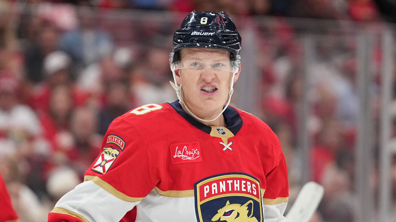 SUNRISE, FL - OCTOBER 10: Florida Panthers left wing Brady Tkachuk (8) gimaces after.a face-off in the second period during the NHL game between the Minnesota Wild and the Florida Panthers on Saturday, October 10, 2026 at Amerant Bank Arena in Sunrise, FL.