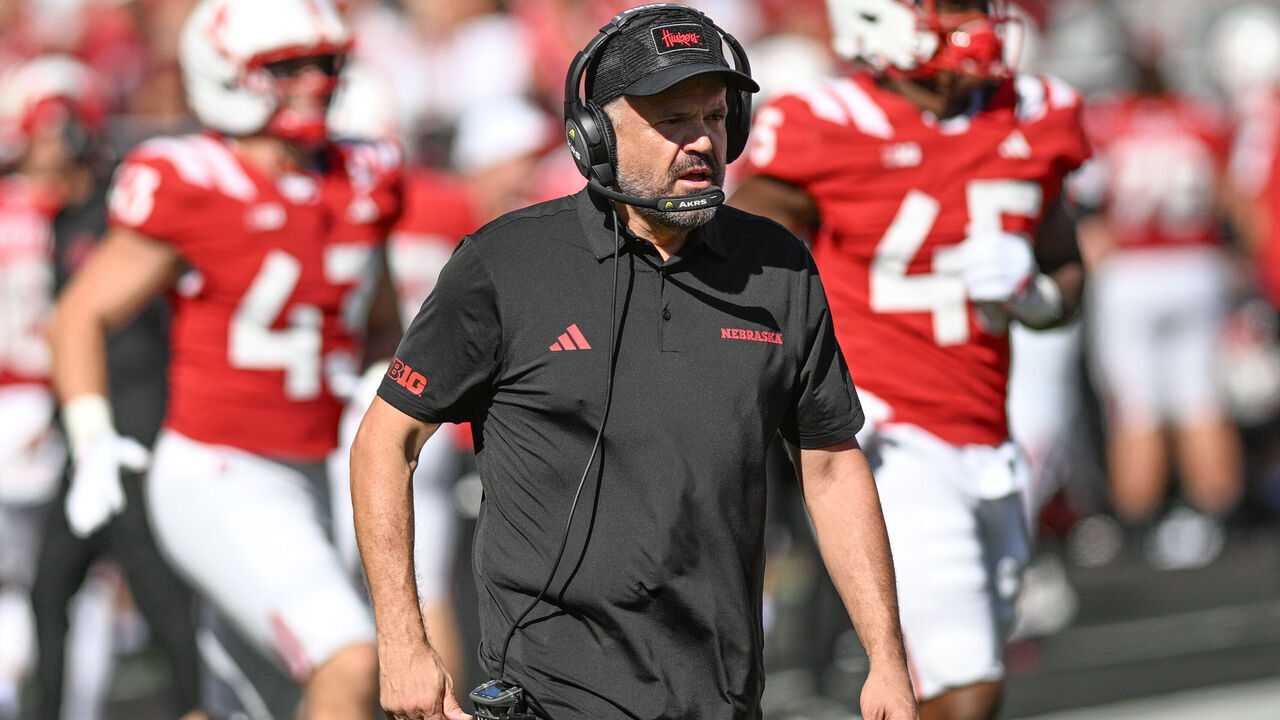 LINCOLN, NEBRASKA - OCTOBER 10: Head coach Matt Rhule of the Nebraska Cornhuskers walks of the field during a break in the game against the Indiana Hoosiers during the second half at Memorial Stadium on October 10, 2026 in Lincoln, Nebraska.