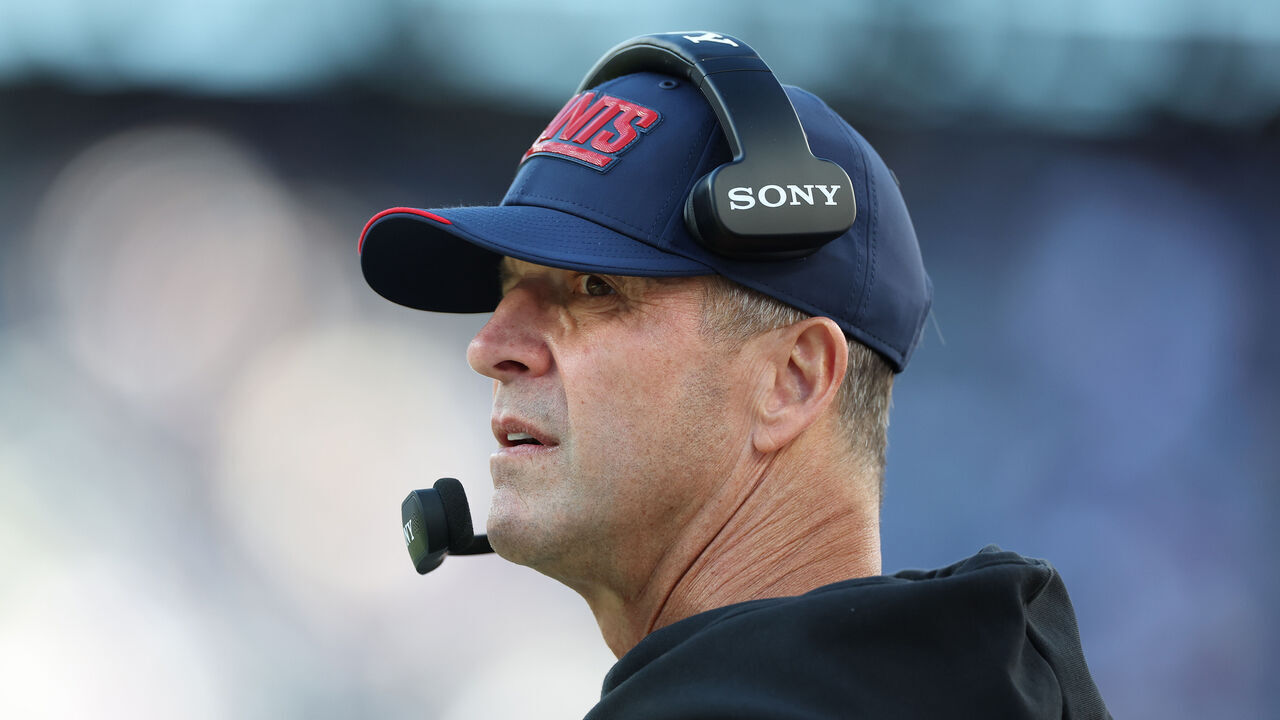 EAST RUTHERFORD, NEW JERSEY - OCTOBER 18: Head coach John Harbaugh of the New York Giants looks on during the fourth quarter against the New Orleans Saints at MetLife Stadium on October 18, 2026 in East Rutherford, New Jersey.