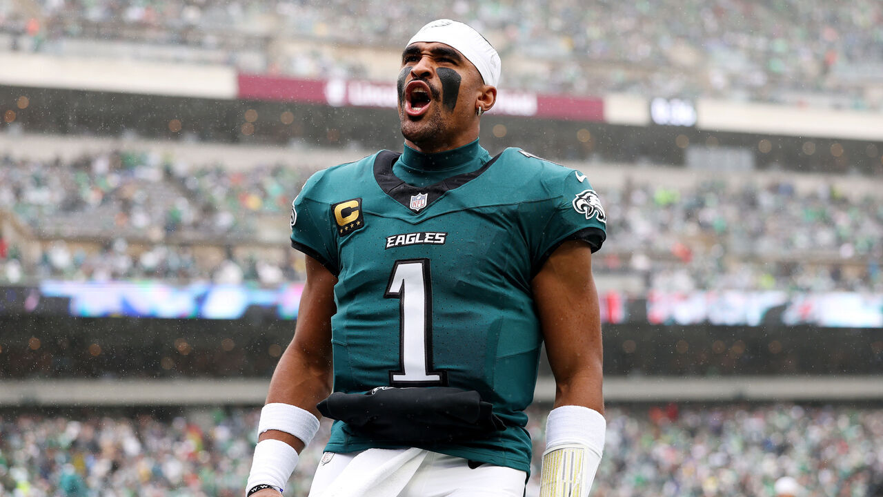 PHILADELPHIA, PENNSYLVANIA - OCTOBER 04: Jalen Hurts #1 of the Philadelphia Eagles yells before a game against the Los Angeles Rams at Lincoln Financial Field on October 04, 2026 in Philadelphia, Pennsylvania.