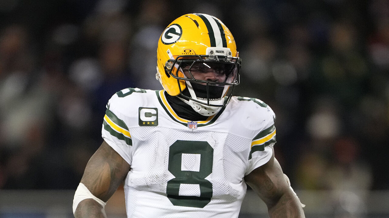 CHICAGO, ILLINOIS - DECEMBER 20: Josh Jacobs #8 of the Green Bay Packers in action against the Chicago Bears during the second half at Soldier Field on December 20, 2025 in Chicago, Illinois.