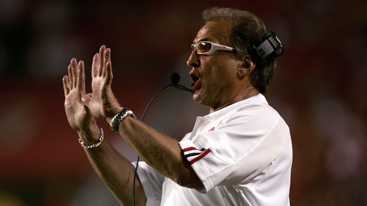 RALEIGH, NC - SEPTEMBER 4: Head coach Chuck Amato of the North Carolina State Wolfpack calls a play to his team during their game against the Virginia Tech Hokies at Carter-Finley Stadium on September 4, 2005 in Raleigh, North Carolina. Virginia Tech defeated NC State 20-16.