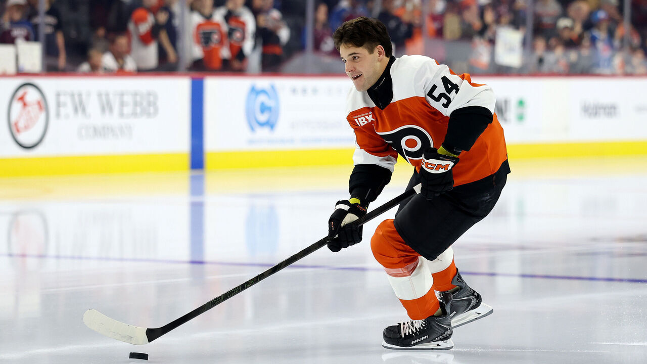 PHILADELPHIA, PENNSYLVANIA - OCTOBER 19: Cole Knuble #54 of the Philadelphia Flyers skates the rookie lap prior to playing in his first NHL game against the Colorado Avalanche at Xfinity Mobile Arena on October 19, 2026 in Philadelphia, Pennsylvania.